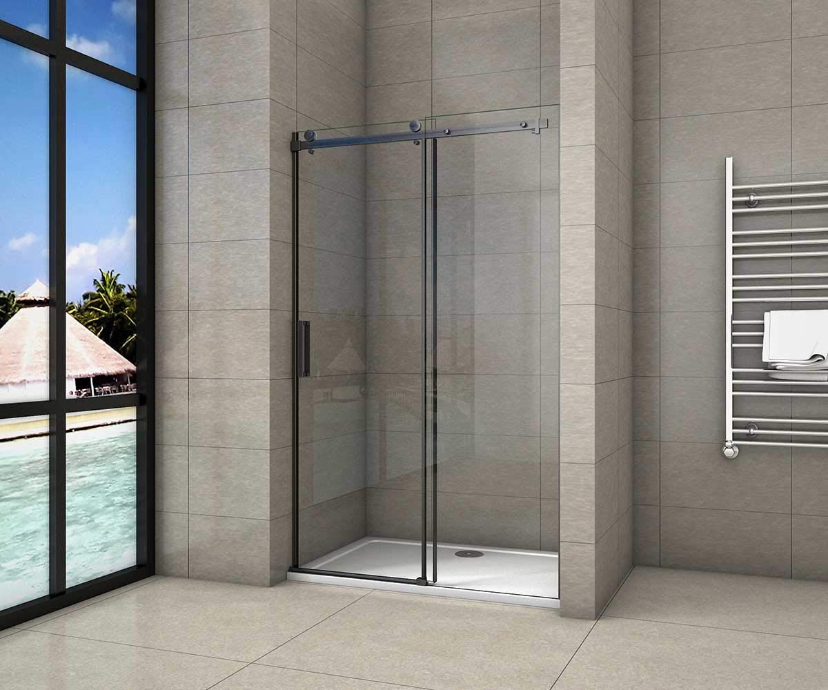 AICA porte de douche coulissante 140x200cm porte de douche coulissante noir en 8mm verre anticalcaire