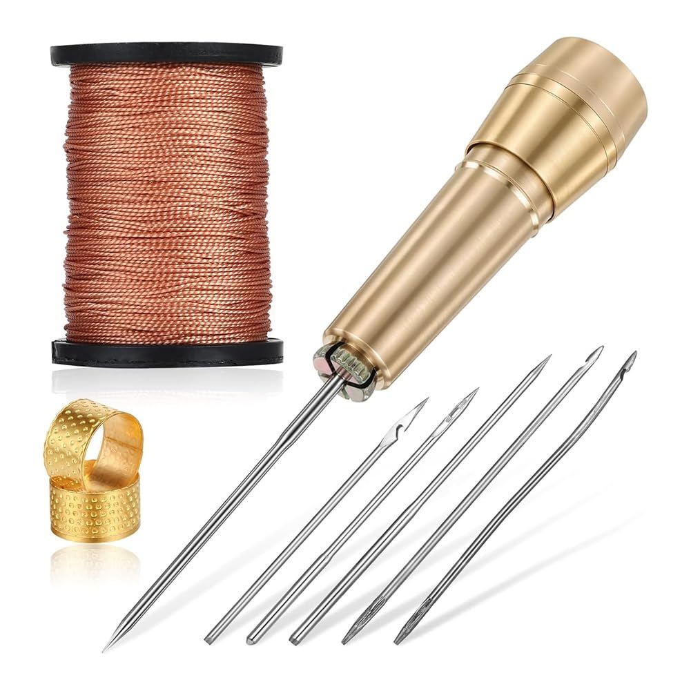 Vjsujehgy 9Pcs Leather Sewing Awl Kit With Copper Handle With 6 Needles For Leather Craft Needle Kit Shoe Repair Tool