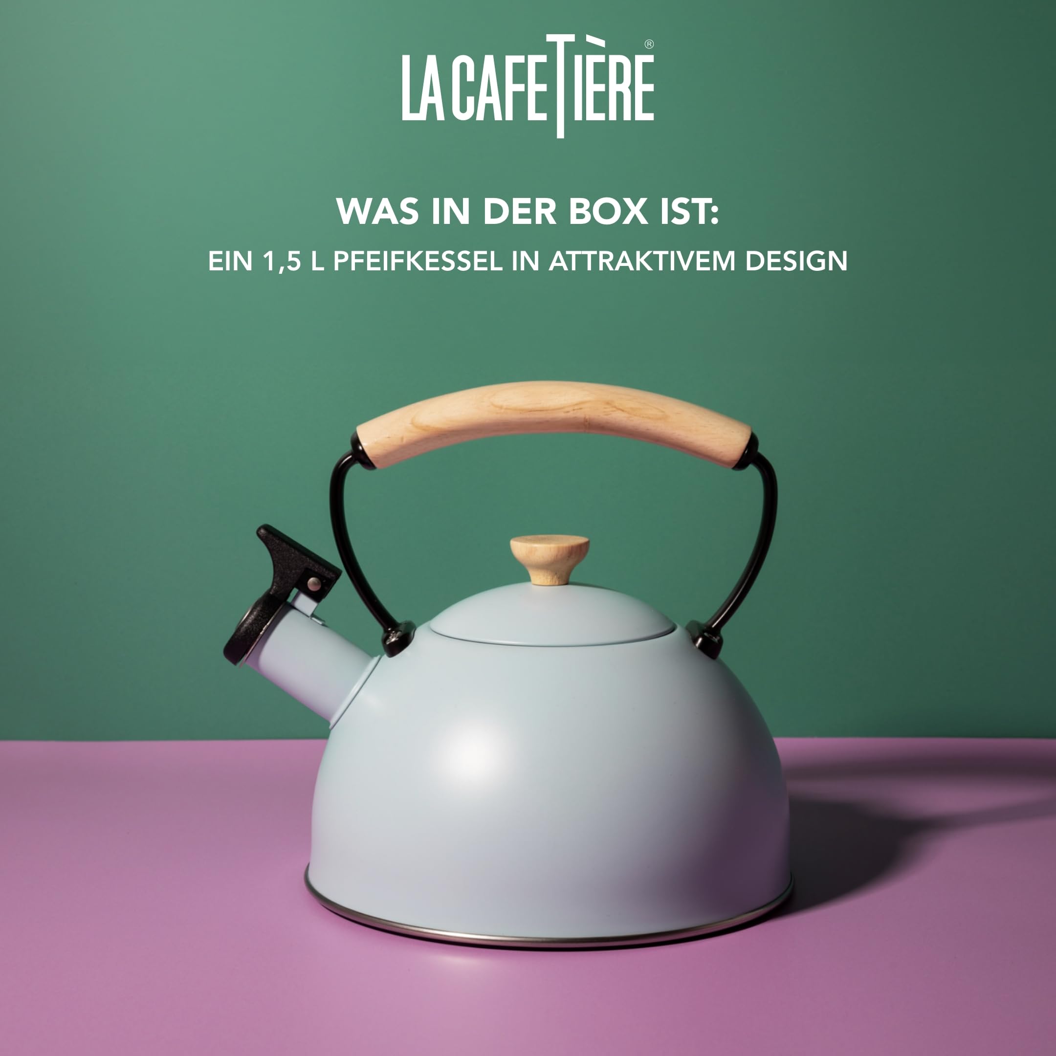 La Cafetière Flötenkessel mit hitzebeständigem Holzgriff, leicht, rostbeständig, mit klappbarem Ausgießer, kompatibel mit allen Herdplatten, 1,6 l, trendiges Himmelblau