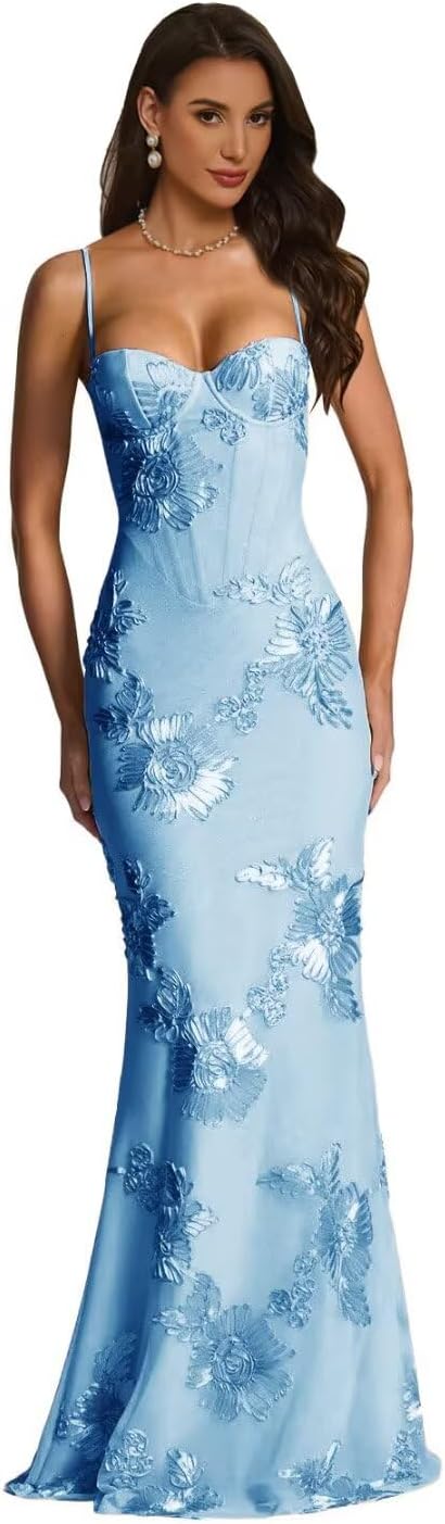 Laces Floral Tulle Prom Dress Spaghetti Strap Corset Formal Evening Gown Sweetheart Mermaid Bridesmaid Dresses