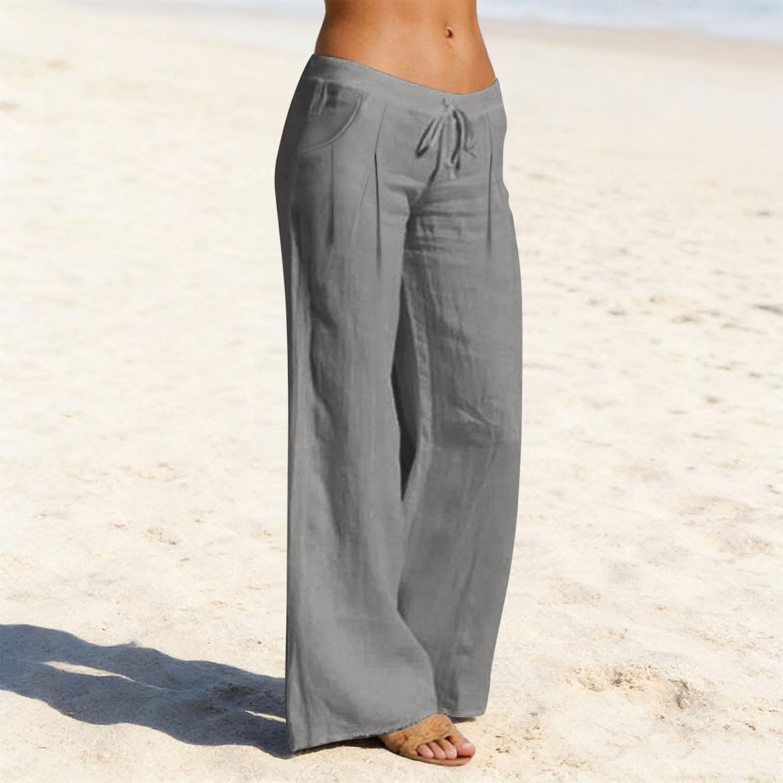 Pantalones de Lino Mujer Algodón Cintura Elástica Cordón Pierna Ancha Rectos Cómodos Transpirables Playa