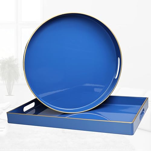 Miniatura 6 de Spsyrine Bandeja decorativa azul, elegante bandeja de plástico con asas, bandeja de mesa auxiliar para otomana, sala de estar, decoración del hogar,