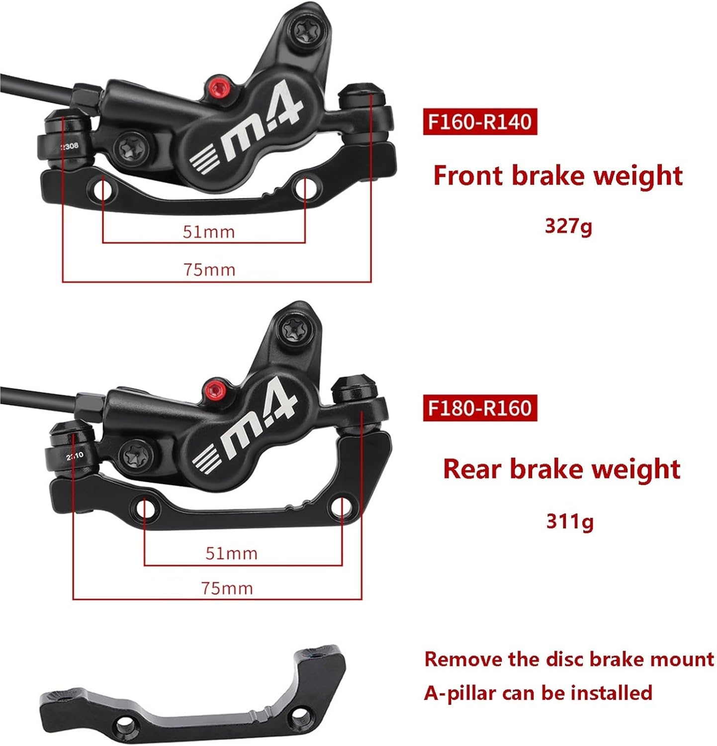 1 Pair Disc Brake Set, Hydraulic Disc Brake Kit with 160mm Rotors, Right Front 800mm, Left Rear 1400mm Aluminum Oil Pressure Calipers Levers for Mountain Bike E-Bike Fat