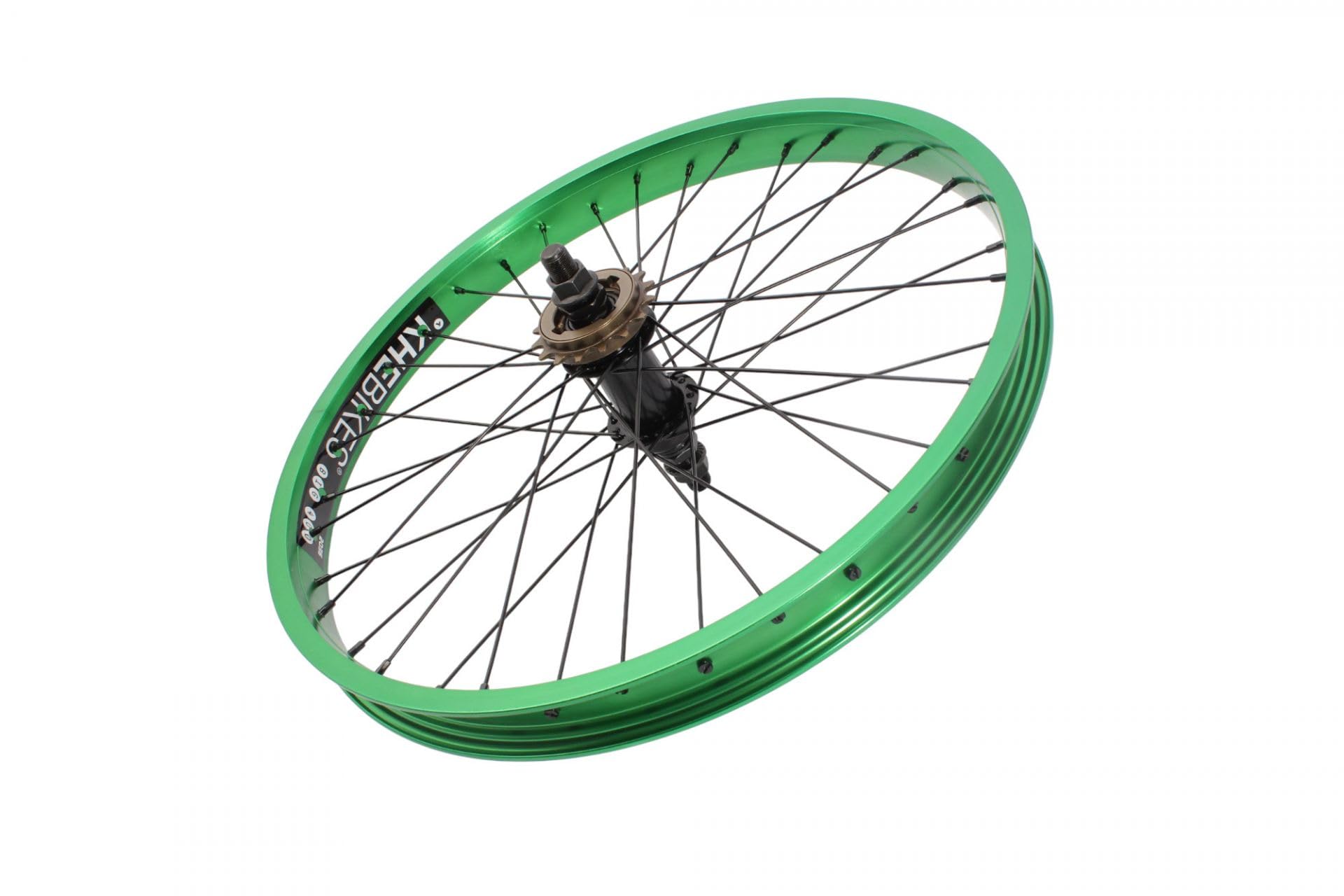 KHE Prism BMX Hinterrad, 20 Zoll, Grün Eloxiert, 14mm Achse, 16T Freilaufritzel, 38mm Felgenbreite
