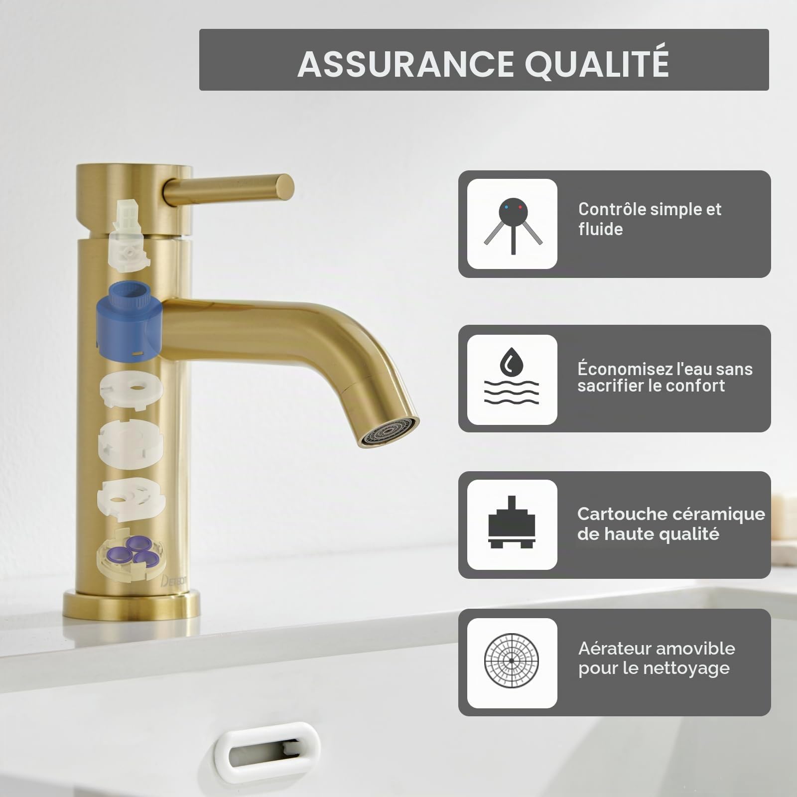 Mitigeur de Lavabo Doré, DETBOM Robinet de Lavabo Réglable Chaud et Froid, Robinet Salle de Bain Monocommande, Acier Inox, Aérateur Amovible, Sans Plomb, Or Brossé