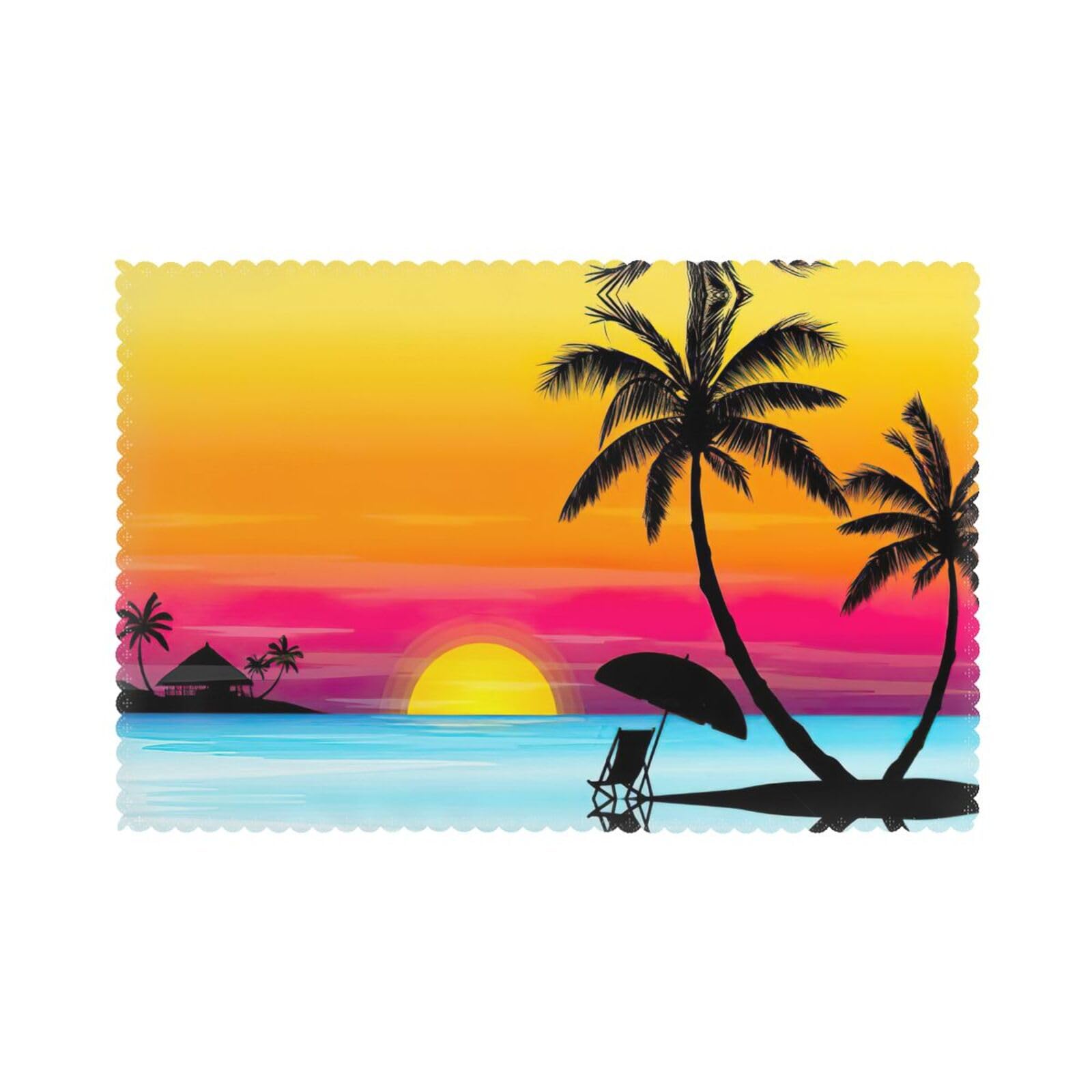Sunset Palm Tree Print Placemats Set Of 6, 12x18 Inch Polyester Washable Heat Resistant Kitchen Dining Table Mats