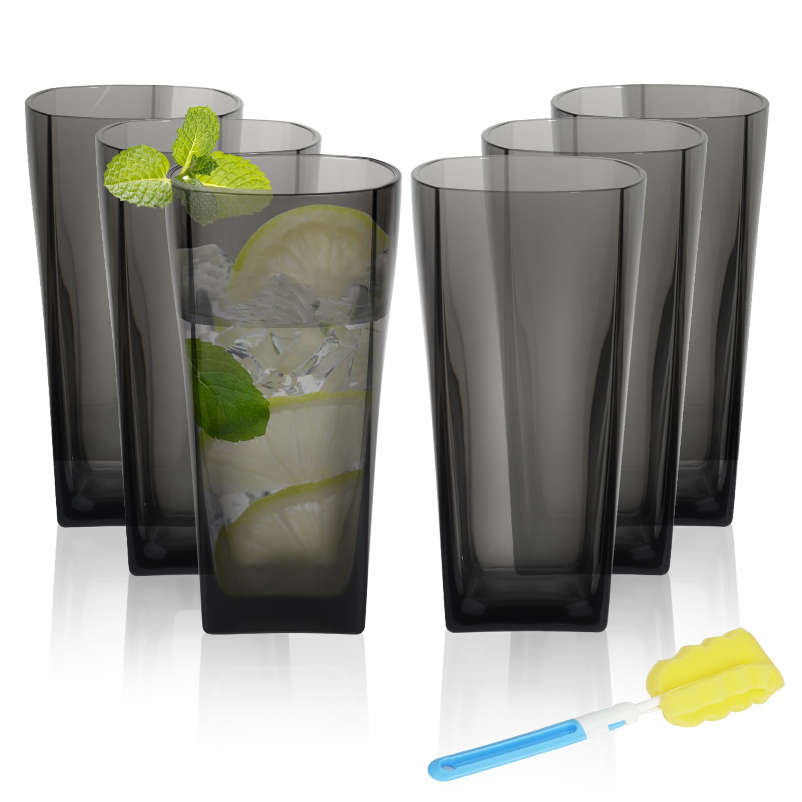 ALIMOTA 20-Ounce Reusable Drinking Glasses Clear Shatterproof Plastic Tumblers with Cleaning Brush Shatterproof Acrylic Glasses Drinkware BPA Free