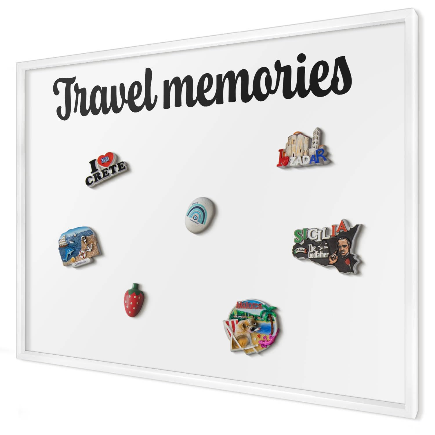 Panel Magnético 100x70 cm | con Marco Blanco | Travel Memories | Montaje Fácil | Organizador de Pared | Para Recuerdos de Vacaciones | Expositor de Imanes de Nevera y Postales | Para Cocina