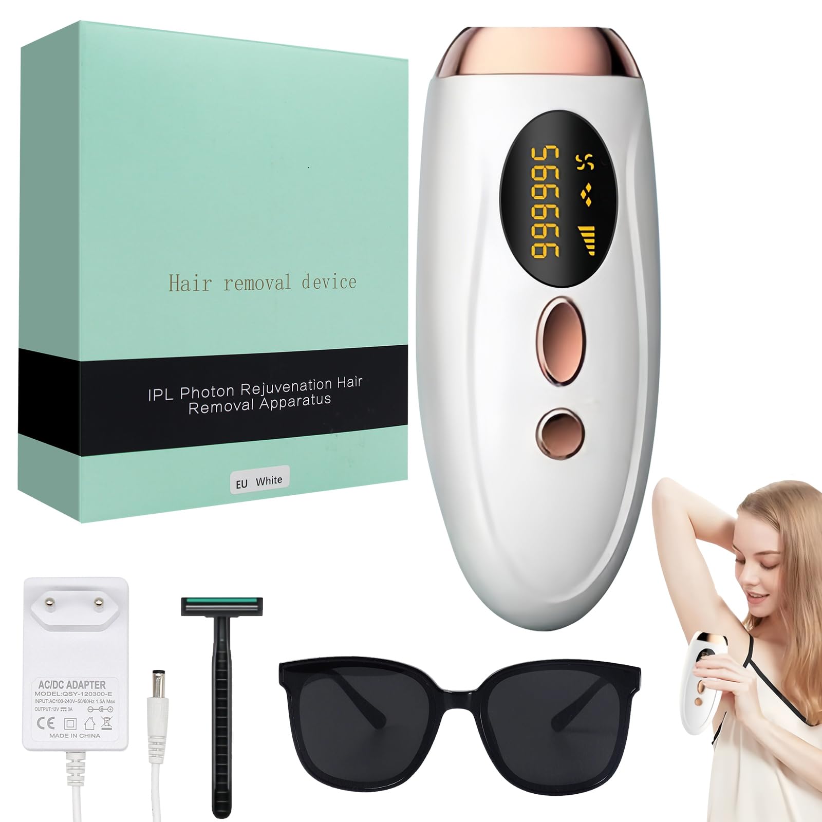 Depiladora Electrica, Depiladora Laser, Depiladora Laser IPL con Función de Enfriamiento, Depiladora indolora para cara, axilas, brazos, piernas y cuerpo (Blanca)