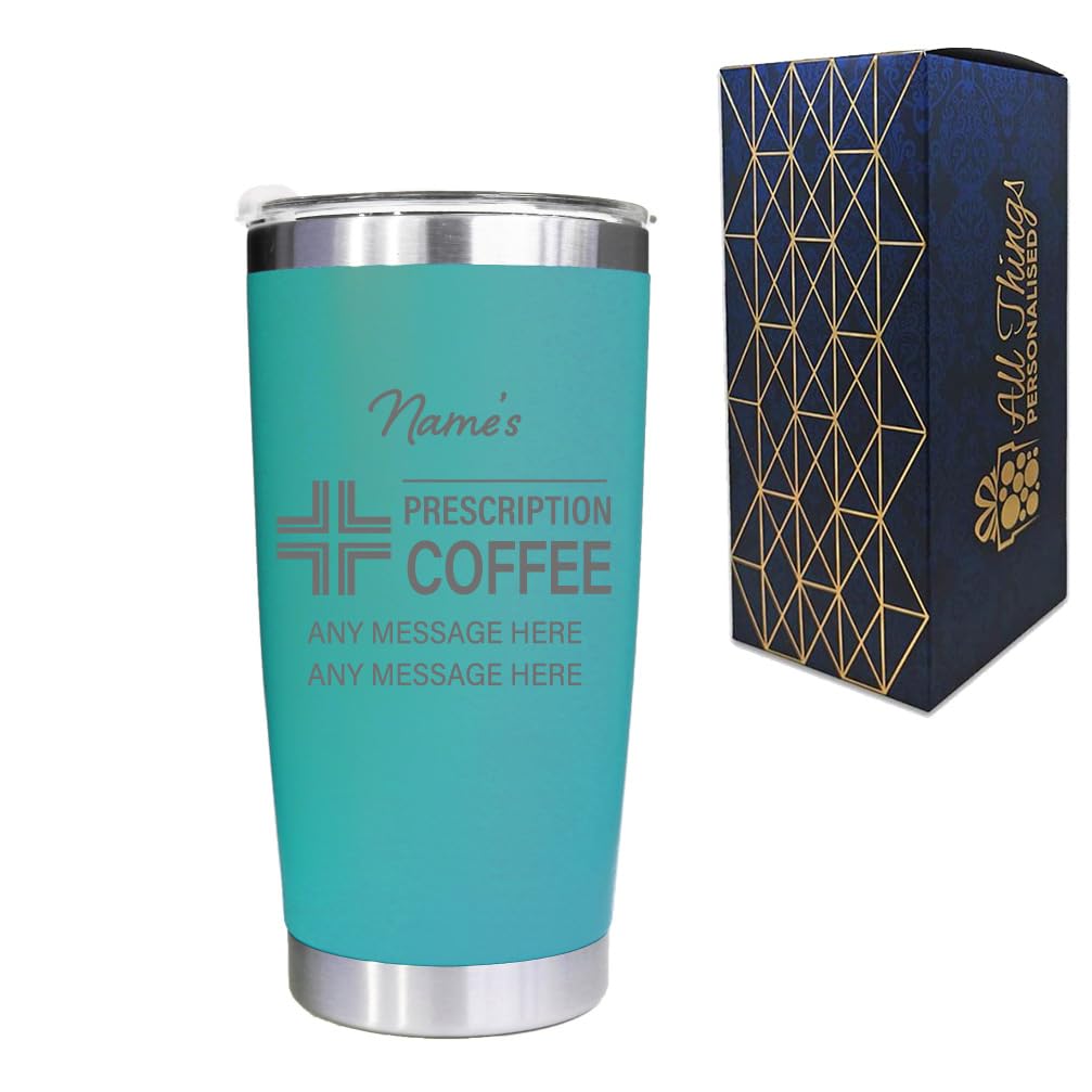 Engraved Travel Cup, Personalised Prescription for Coffee Design, 500ml or 17.5oz Capacity, Gift Boxed, Funny Gift, Turquoise Insulated Coffee Cup