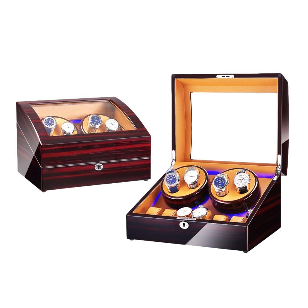 Scatola Carica Orologi per 4 Orologi Automatici + 6 vani portaoggetti con Luce LED Blu, Finitura Laccata Effetto Pianoforte, Doppia Alimentazione, Carica Orologi, espositore per or