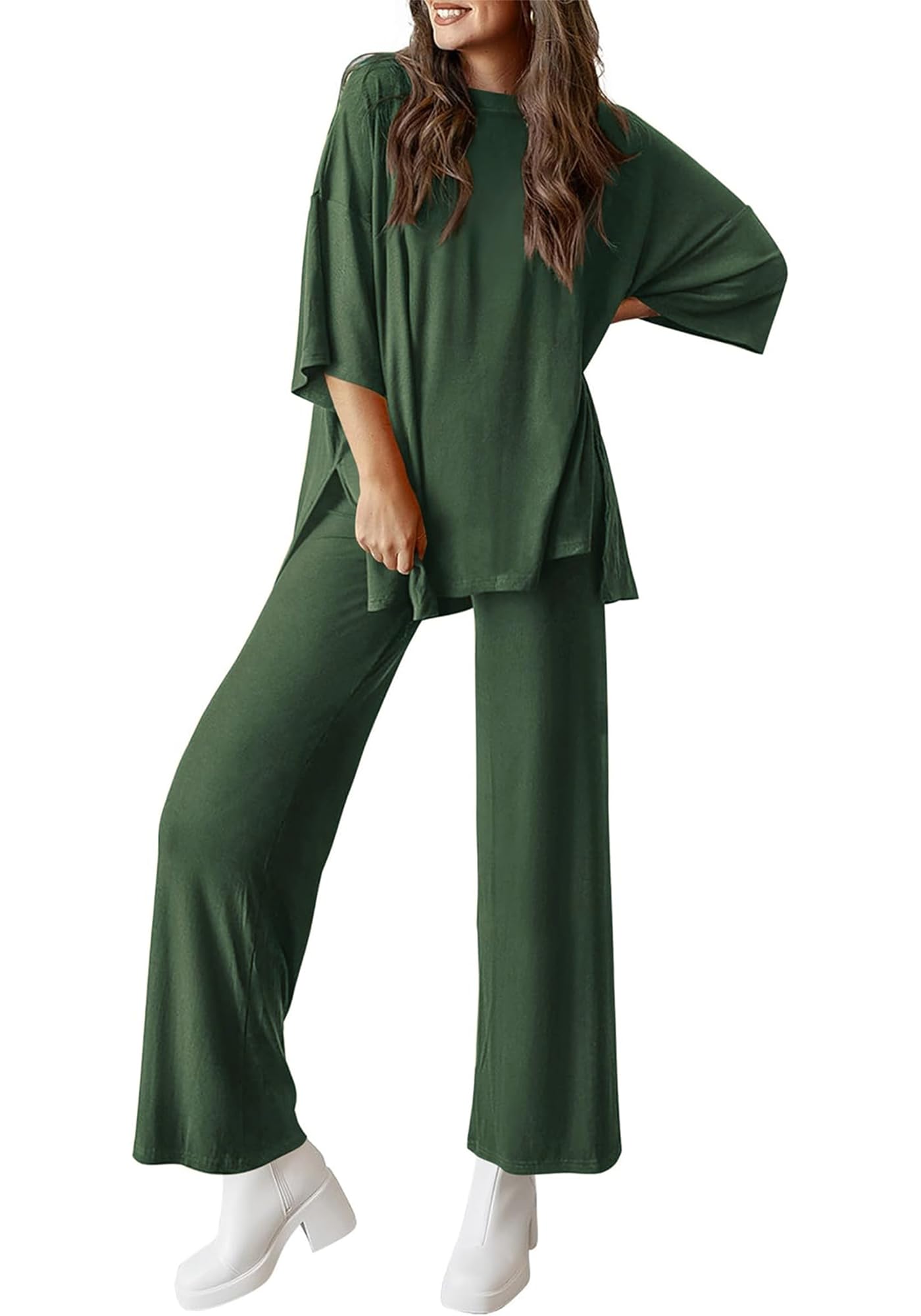 GFU Women's 2 Piece Loungewear Set Casual 3/4 Sleeve Top Loose Pants Outfit Travel Vacation Airport Matching Sets