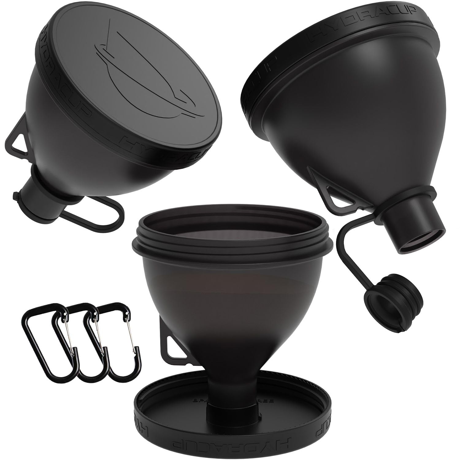 Hydra Cup ProStand [3 Pack] – Funnels w/Stand for Filling Water Bottles with Protein Powder, Complement Container Set to Go or Kitchen Use, Keychain for Shaker Cup, Black