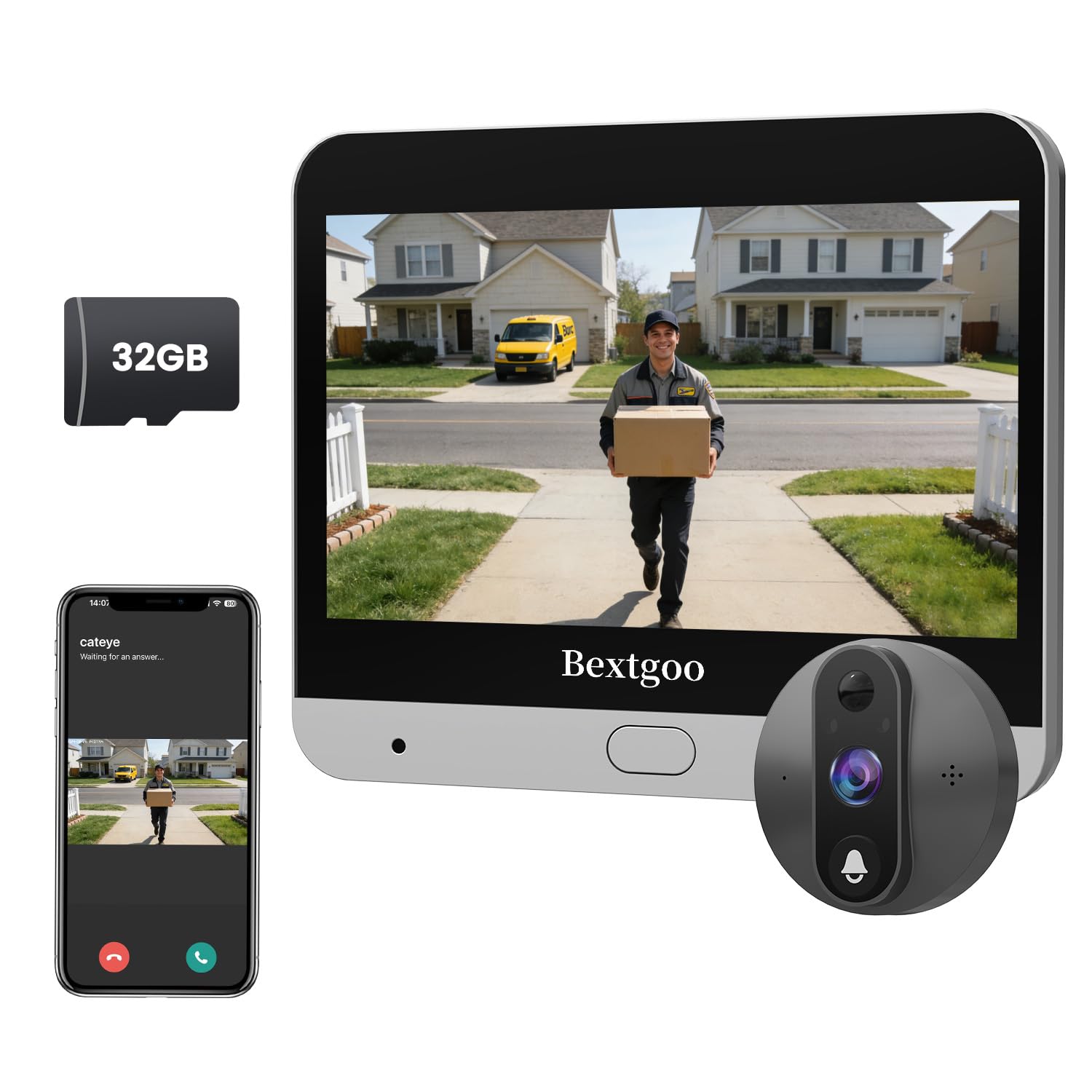 Bextgoo Mirilla Digital Puerta, 2K Videoportero con Pantalla Interior 4,3" | con Tarjeta 32GB, Batería 8000mAh, Gran Angular 170°, Detección IA, Audio Bidireccional, Visión Nocturna, para Pisos y Casas