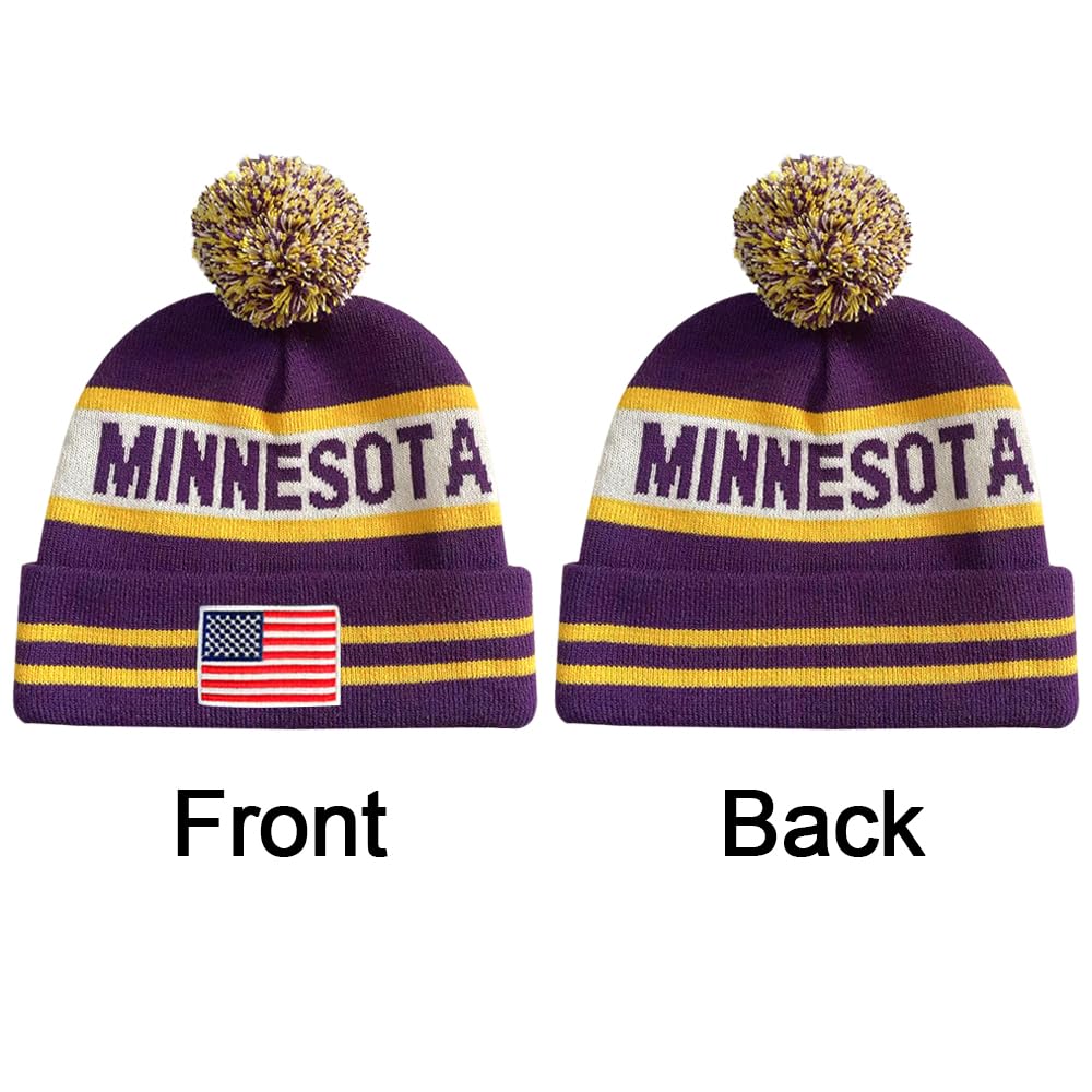 Cayyon US Flag City Football Embroidery Classic Pom Cuff Minnesota Beanie Hat Cuffed Winter Soft Beanie Knit Pom Hat Cap Purple