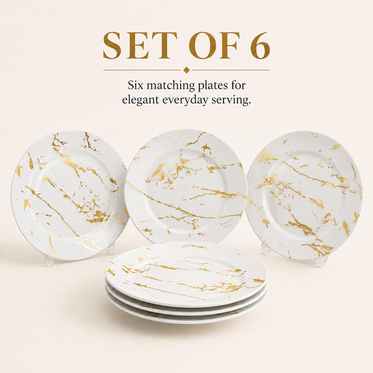 Weiße und goldene Keramikteller, 20,3 cm, 6 Stück, Vorspeisenteller aus Keramik für Abendessen/Salat, elegantes Marmor-Teller-Set für Hochzeit, Party, Essen