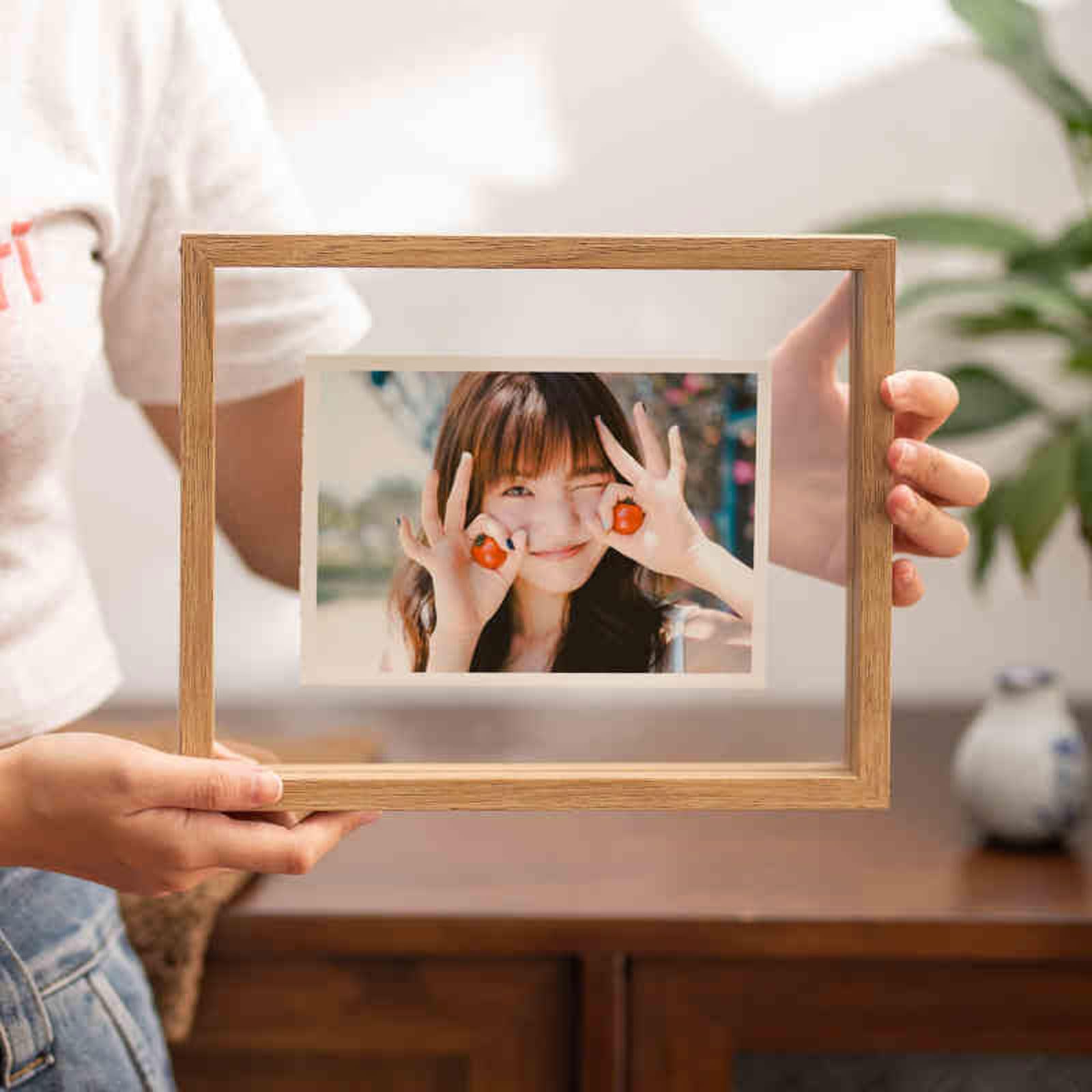 Double Sided Floating Photo Frame, Float Frame Double Sided Floating Glass Wooden Picture Frame Multicolor Multiple Sizes(Original Wood Color,Square 8-Inch [20.3 * 20.3cm])