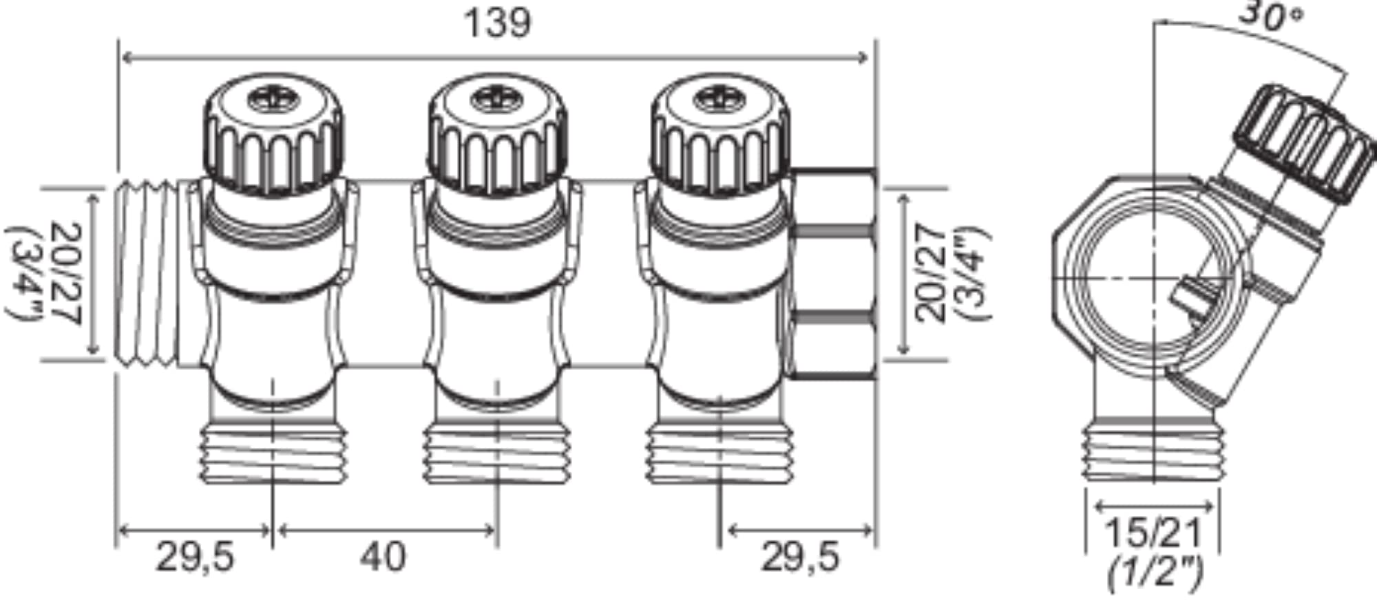 SOMATHERM FOR YOU - hygienische Verteiler, vernickeltem Messing, Male-Female 20/27, selbstdichtenden und ausgerichtet, 3-lead flacher Rahmen in Malen 15/21 mit Ventil ausgestatteten Absperrventils