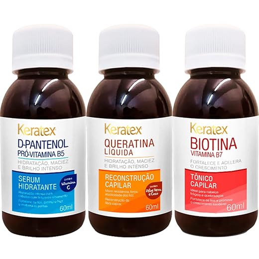 Kit Tratamento Capilar, 3 Produtos 60ml, Queratina Líquida, D-Pantenol e Biotina, Tratamento Reconstrutor e Hidratante com Aloe Vera para Fortalecimento e Crescimento dos Cabelos Keratex