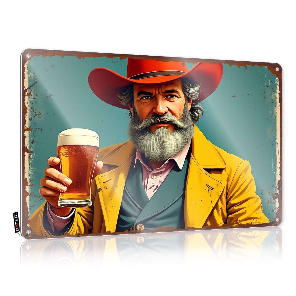 Fzfn Men's Colour Personalized Signs Custom | Old Cowboy Enjoying A Cold Beer. Grunge Gym Decoration(20X30cm)