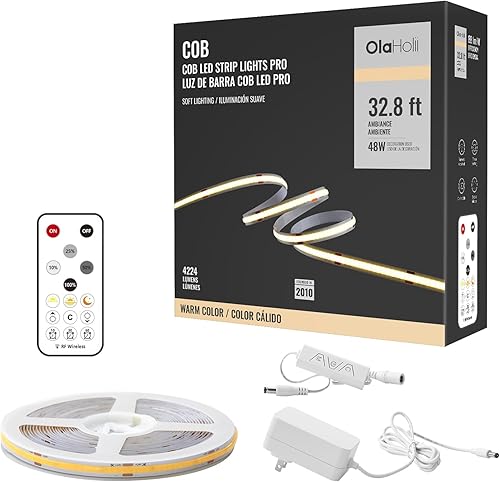 Tira de luz LED COB de 16.4 pies con control remoto, 2700 K regulable brillante blanco cálido luz LED COB tira de luz blanca para espejo, escalera,