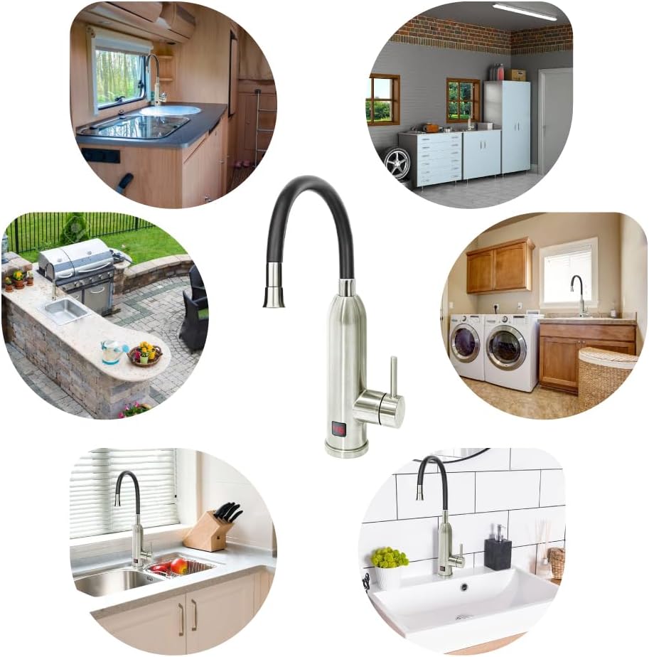 Collage of images showing the HOGART Electric Faucet in different settings: a kitchen sink, an outdoor kitchen, a bathroom sink, a laundry room, a garage workshop, and a caravan kitchen.
