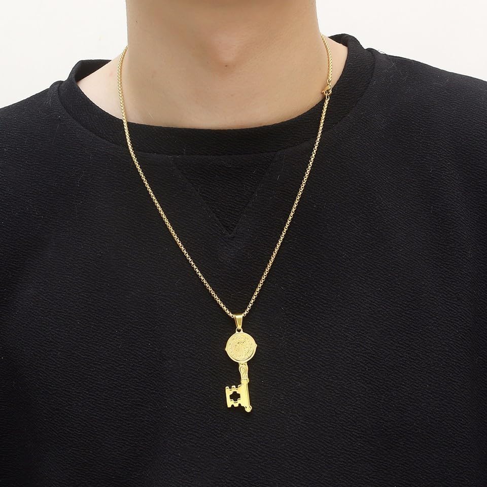 Saint Benedict Medal Key Pendant Necklace,Stainless Steel Exorcism Catholic Religious Key Necklace Jewelry 24 Inch Chain,Gift For Him3
