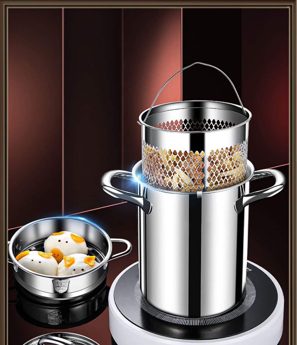 Spargeltopf aus Edelstahl 304, Gemüsedampfgarer, Spaghetti-Nudeln, Herd mit abnehmbarem Korb und sichtbarem Deckel, Öl-Frittierpfanne, 4 l, 17 cm, Silber