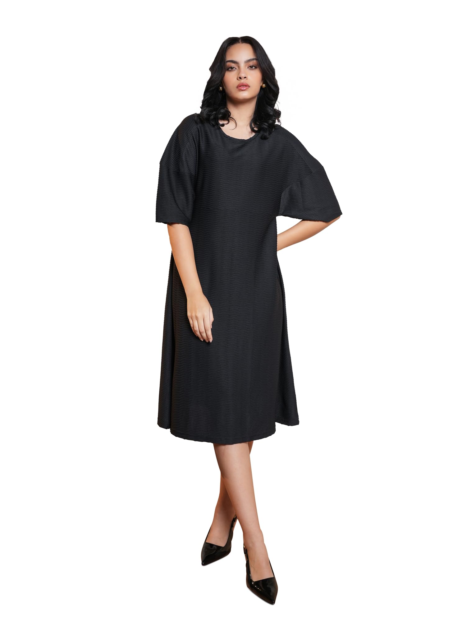 Purvaja Womens A-Line Midi Length Dress (Yuvi-044-Black_Black_Medium)