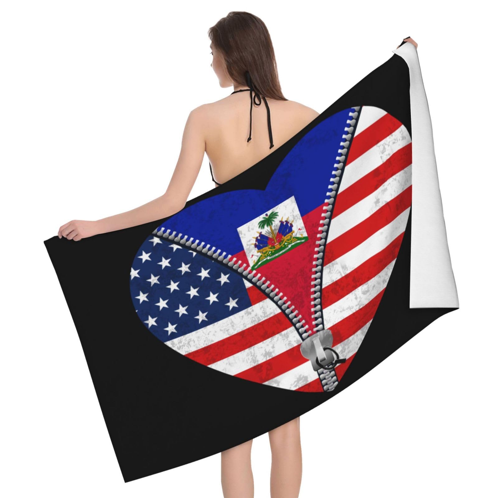 HLBSDM Microfiber Heart America Flag and Haiti Flag Beach Towel Quick Dry Soft Sand Free Beach Towels for Pool Swim Beach Lightweight Thin Towels