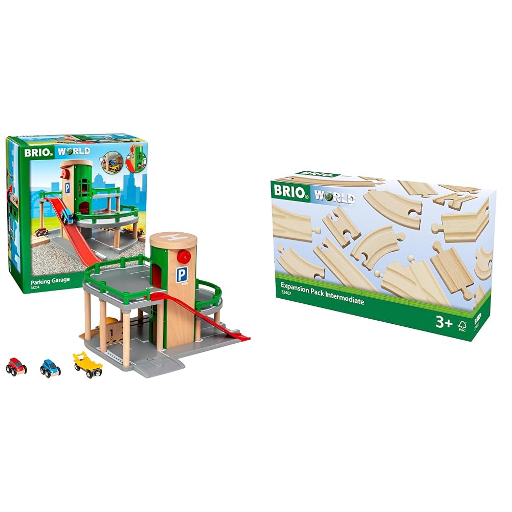 BRIO World 33204 - Parkhaus, Straßen & Schienen & Bahn 33402 - Mittleres Schienensortiment - 16 Gleise aus Buchenholz für die BRIO Holzeisenbahn - Empfohlen für Kinder ab 3 Jahren