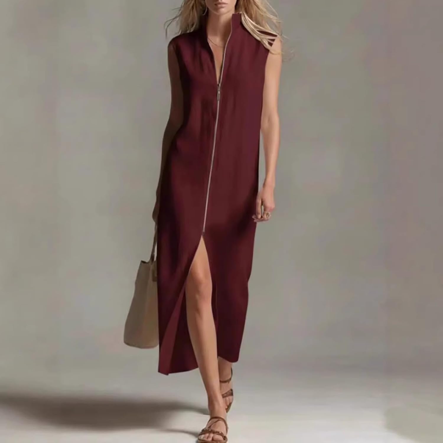 Aoleaky Women's Stand Collar Sleeveless Zip Dress, Fitted Midi Dress for Summer