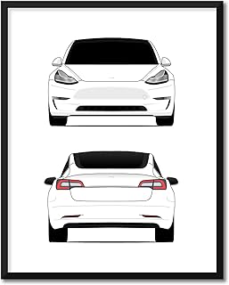 CUSTOMIZABLE COLOR: Tesla Model 3 Front and Rear View Inspired Poster Print Wall Art Decor Handmade (Tesla Motors) (Unframed)