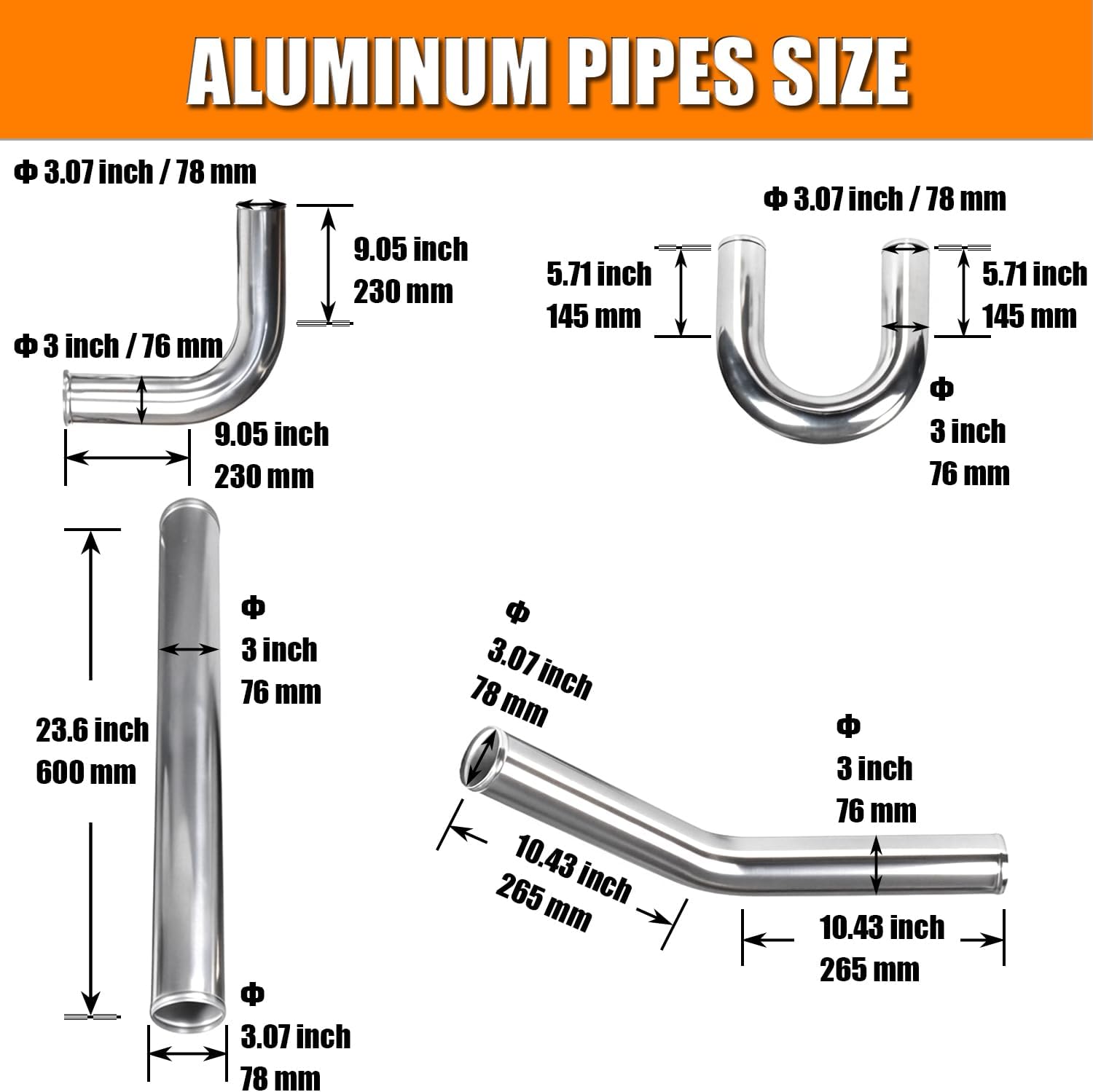 3" Universal Turbo Intercooler Piping Kit, 23.6" DIY Polished Aluminum Pipe Set, Black Silicone Couplers and Stainless Steel T-Bolt Clamps (8 Pcs)