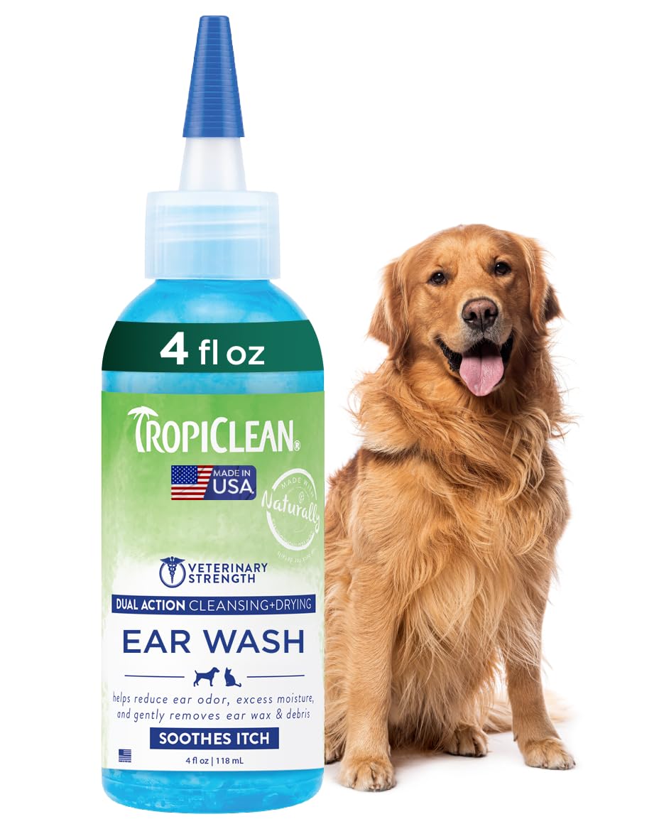 TropiClean Dog Ear Cleaner, Vet Recommended Ear Cleaning Solution for Itch Relief, Daily Use Drops Prevent Infection, Cat Safe, USA Made, 4oz
