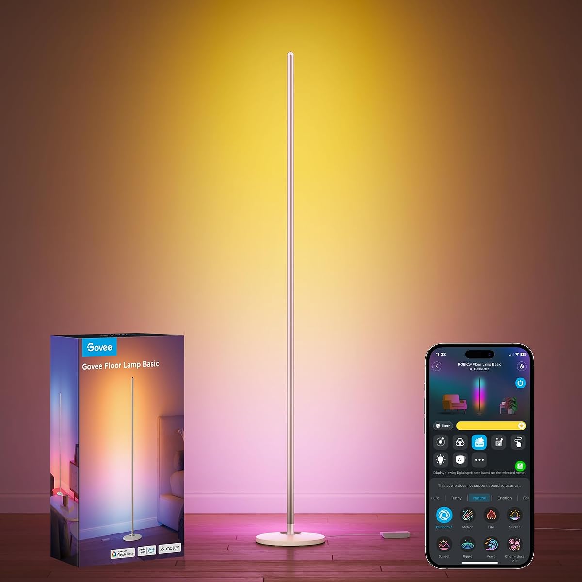 Lámpara de pie RGBIC básica, lámpara de esquina LED de 1000 lm | Funciona con Alexa, lámpara de pie moderna e inteligente con sincronización de música y 16 millones de colores DIY, lámpara de pie que cambia de color para dormitorio