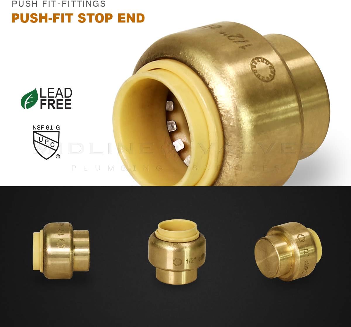Pushlock UPSE12 Plug End Cap Pipe Fitting Push to Connect Pex Copper, CPVC, 1/2 Inch, Brass