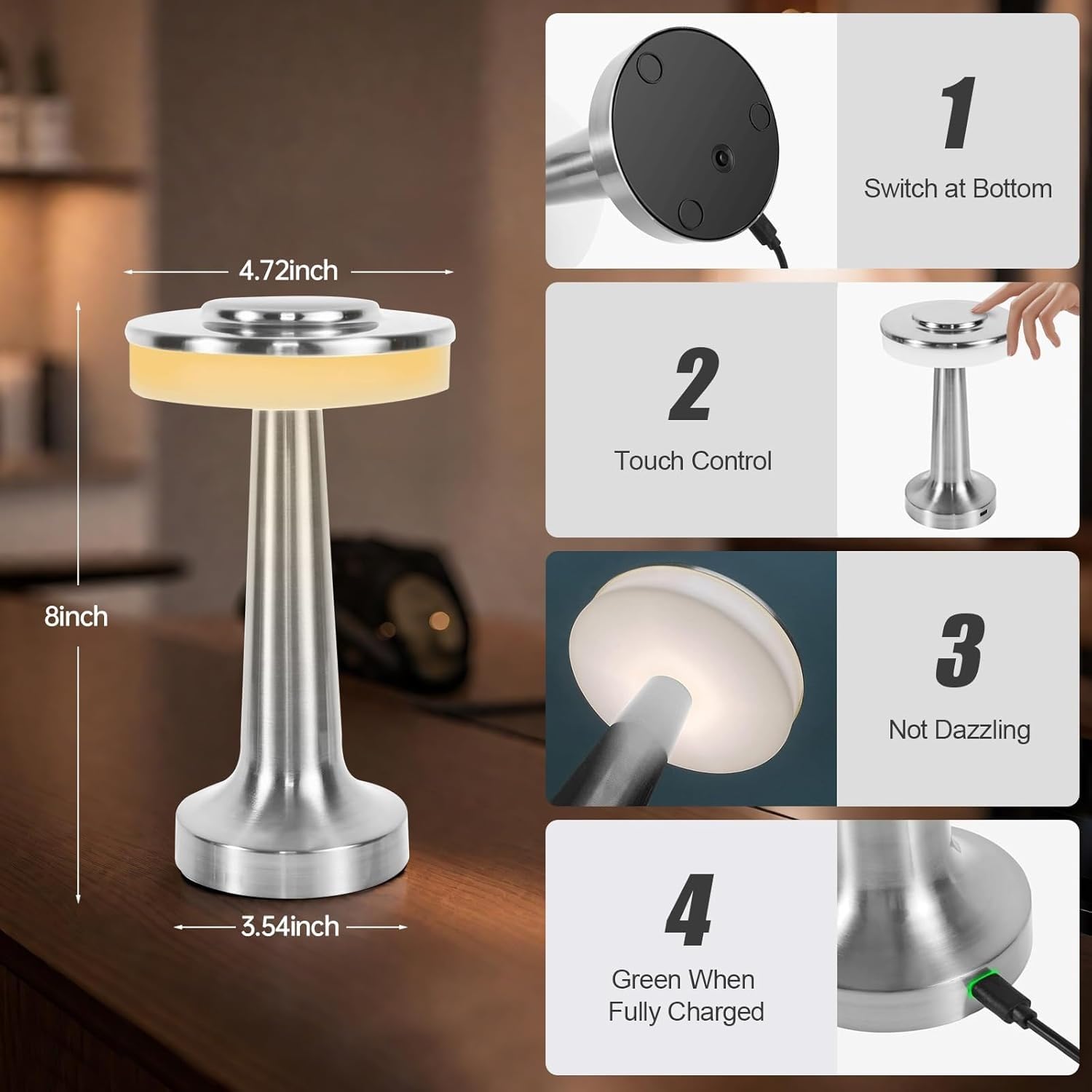 ZR98US Lampada Tavolo LED cordone Portatile con Cassa in Modo coerente funzionalità di Ricarica, per e Camera Letto, Pacchetto da 2 Argento Adatto a Soggiorno, dormitorio, Ufficio,