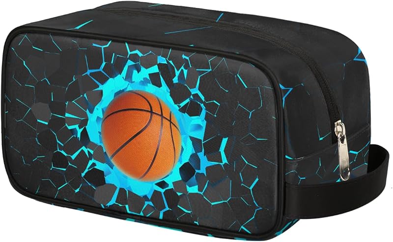 Necessaire infantil de viagem Ackutea azul com estampa 3D de basquete, pendurável, em poliéster, com zíper