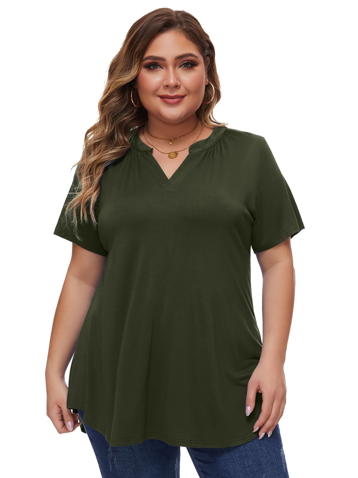 LARACE Summer Tops for Women Plus Size Tunic Tops Short Sleeve Shirts V-neck Pleated Blouse Tee