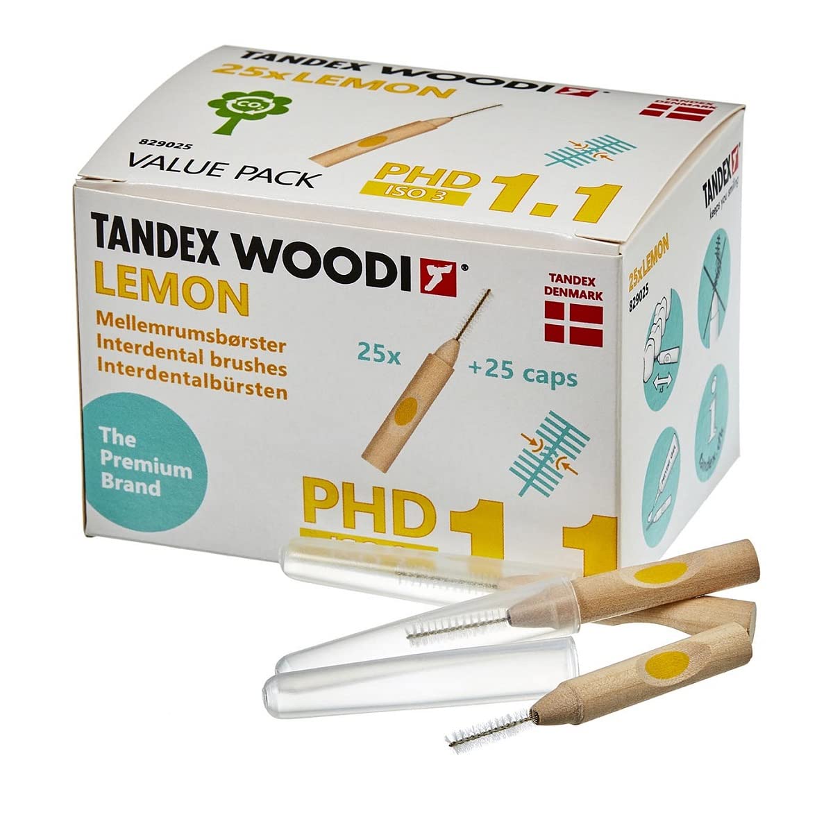 Tandex Woodi 25 Interdental Brushes - Lemon PHD 1.1 ISO 3 - Pack of 1