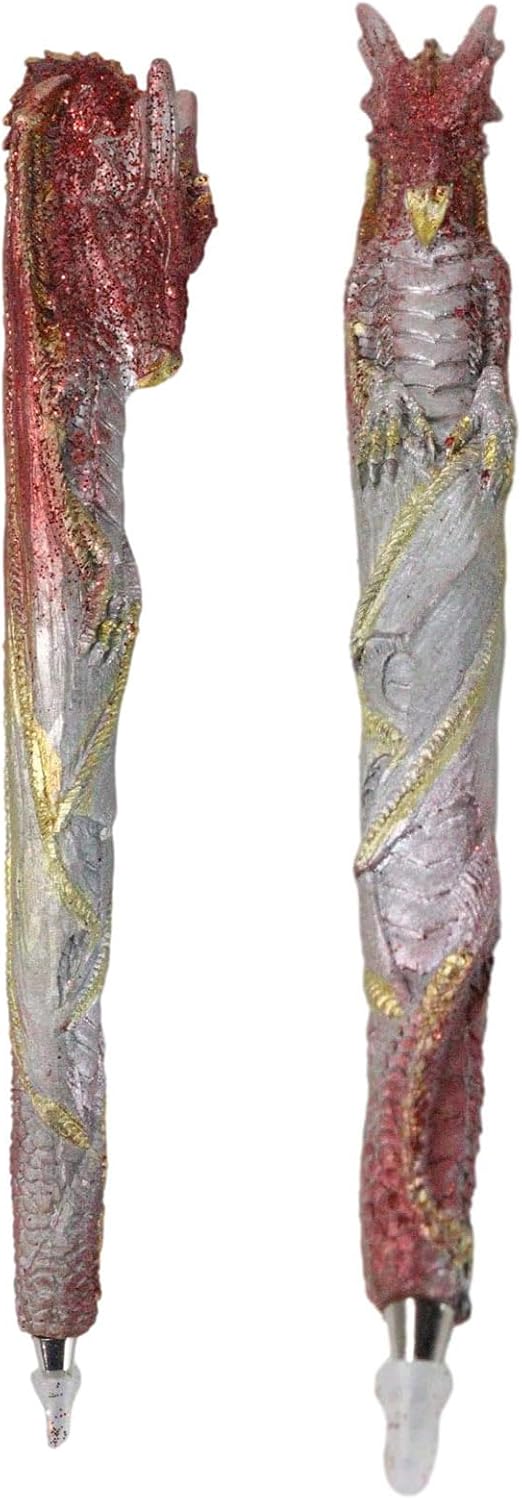 Ebros Pack of 2 Glittering Metallic Red Medieval Fantasy Fire Dragon Sculptural Ball Point Pens Novelty Stationery Giftware Dungeons and Dragons Decor