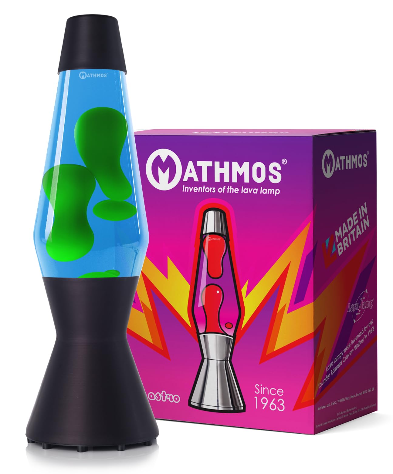 MATHMOS Astro Lava Lamp in Matt Black | UK Inventors of The 1963 Design Classic | Blue & Green Lava Lamps Handmade in Britain to The Highest Safety Standards