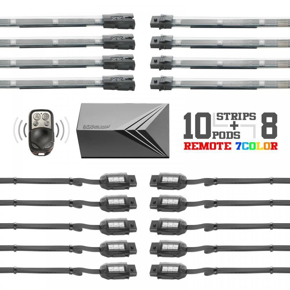 10 Compact Pods + 8 Flex Strips 7 Color Remote Accent Kit for Motorcycle