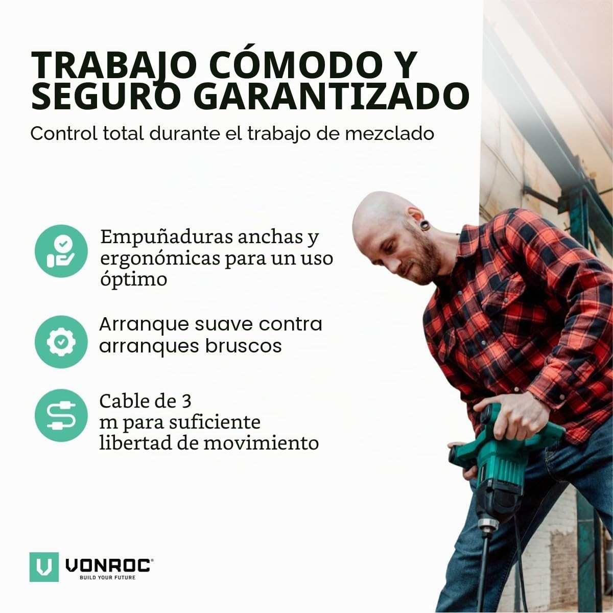 VONROC Taladro mezclador de pintura/ cemento de 1200W - Arranque suave - 3 metros de cable de goma, con una varilla mezcladora 140x600 mm