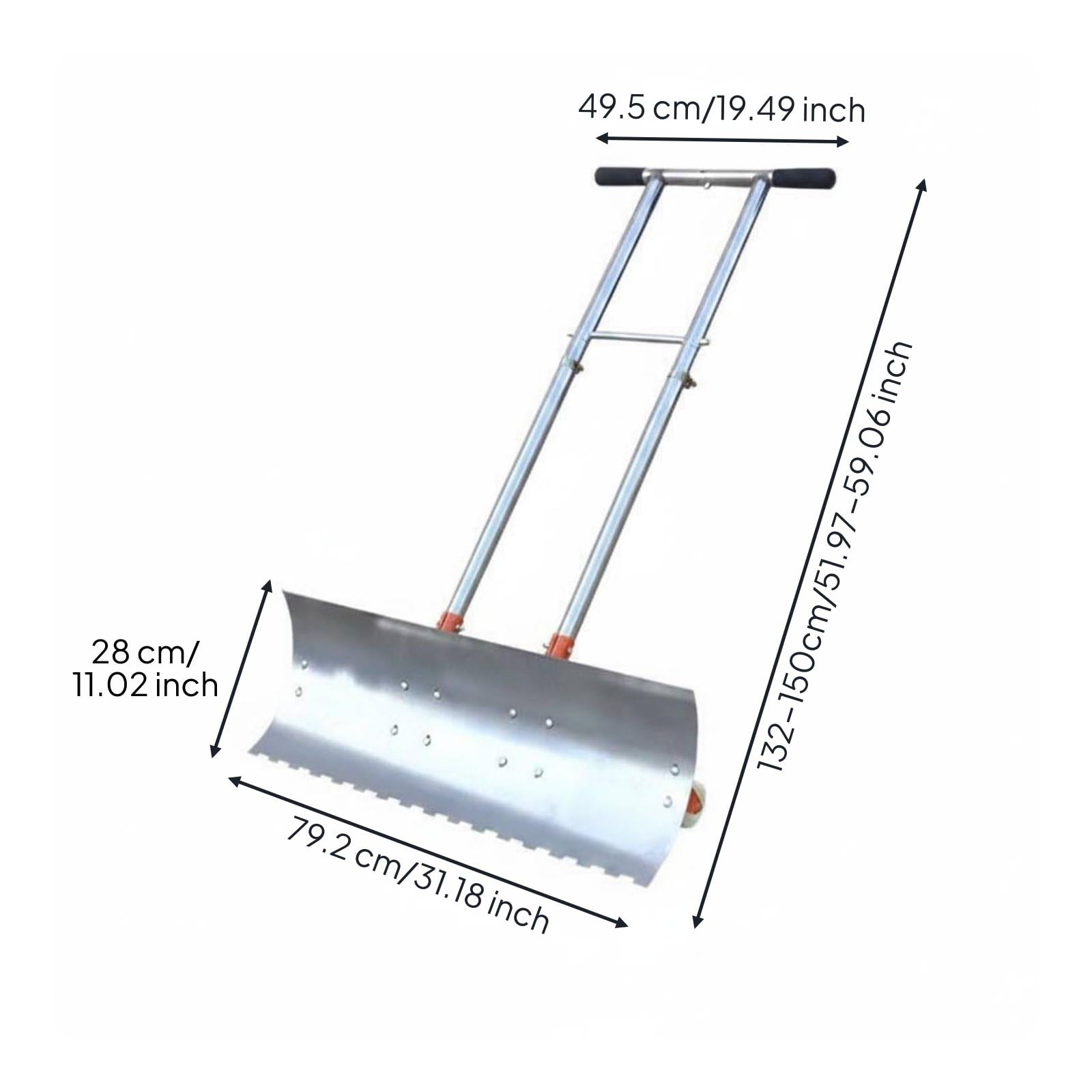 Empujador de Nieve con Ruedas Acero Inoxidable Pala de Nieve con Ruedas Diseño Ergonómico Pala Empuje Multiusos para Invierno, Pala De Nieve con Borde Dentado, 80 Cm, Doble Mango