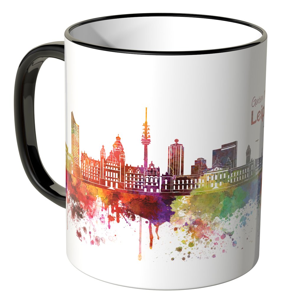 WANDKINGS Tasse „Guten Morgen Leipzig!“ Mit Skyline – Schwarz, 0,3 L – Spülmaschinenfest, Made In Germany