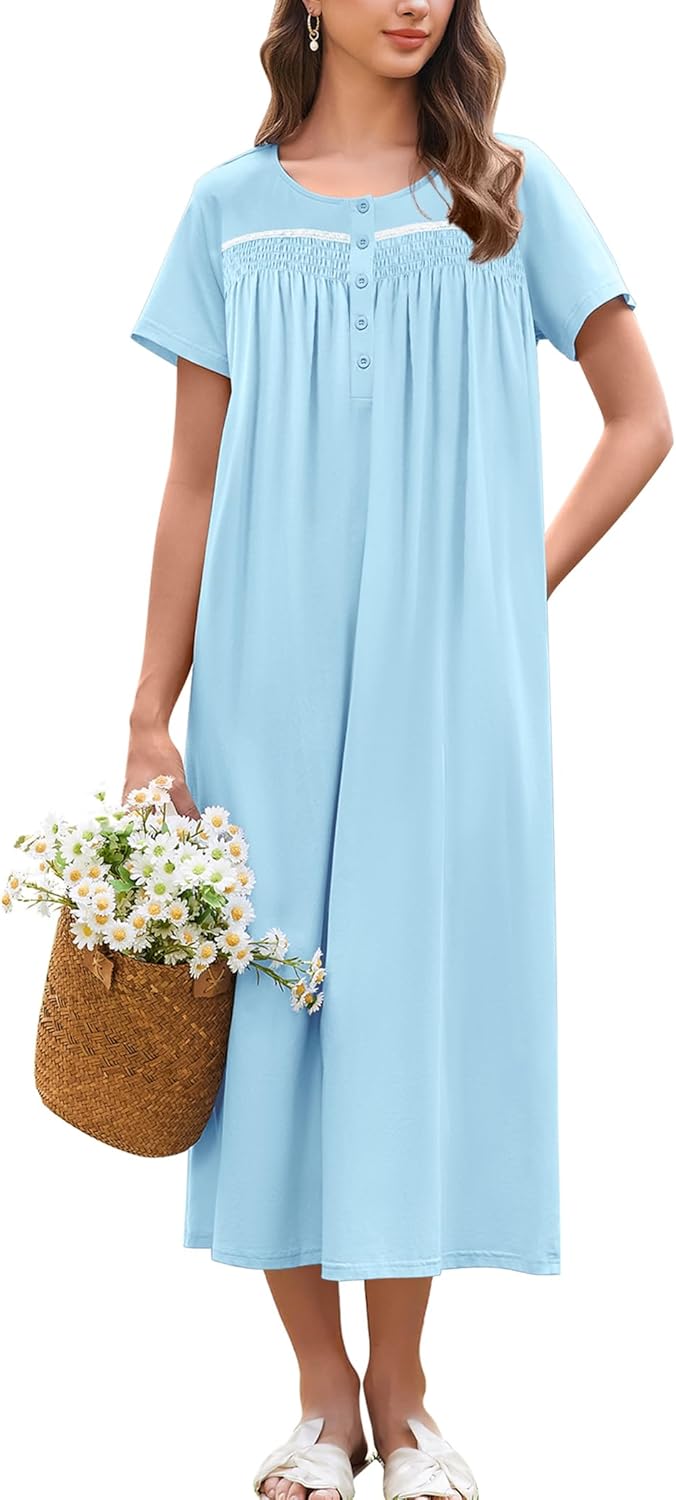 Ekouaer Cotton Nightgowns for Women Long Night Gown Short Sleeve Sleepdress Victorian Sleepwear Nightdress with Pockets