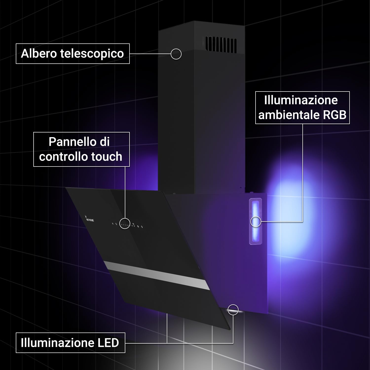 KKT KOLBE Cappa aspirante 90 cm | Cappa Cucina Inclinata | acciaio inossidabile | vetro nero | WiFi | auto spegnimento | Illuminazione LED RGBW | Operazione di tocco | EASY9005SM