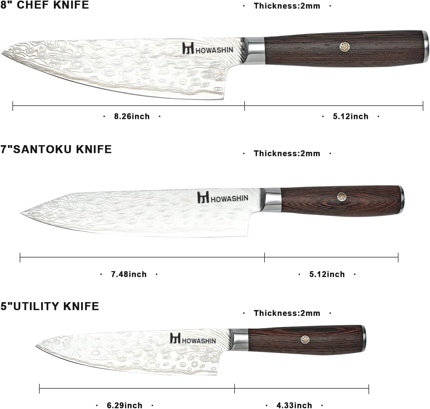 3PCS Chef Knife Set, High Carbon Stainless Steel Kitchen Knife Set, Ultra Sharp Japanese Knife with Sheath,Ergonomic Rosewood Handle Elegant Gift Box for Home or Restaurant - Image 2